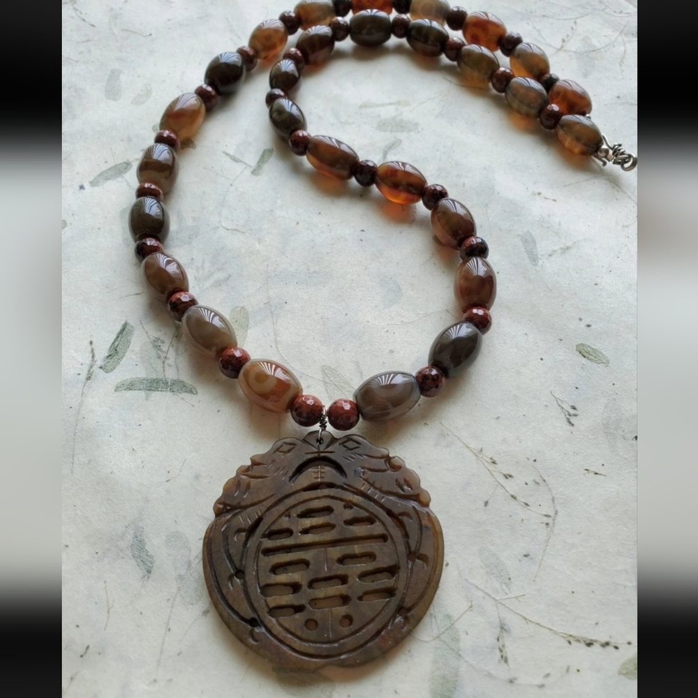 Vintage Asian Hand Carved Brown Jade Pendant Necklace